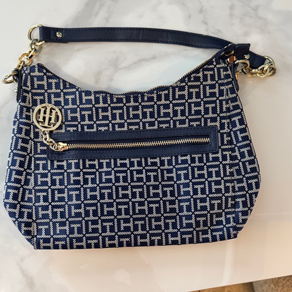 Tommy Hilfiger Blue and White Patterned Shoulder Bag